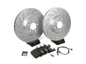 ES#4883302 - 34112284969KT8 - Performance Front Brake Service Kit - Featuring ECS V5 cross-drilled and slotted rotors and ECS EP24 "Enthusiast Performance" brake pads. - Assembled By ECS - BMW