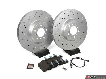 ES#4883302 - 34112284969KT8 - Performance Front Brake Service Kit - Featuring ECS V5 cross-drilled and slotted rotors and ECS EP24 "Enthusiast Performance" brake pads. - Assembled By ECS - BMW