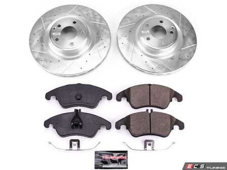 ES#3990225 - K6893 - Power Stop Z23 Evolution Sport Front Brake Kit (344mm) - A premium front-axle performance upgrade package featuring precision cross-drilled & slotted zinc-plated rotors, low-dust carbon-fiber ceramic pads, and a matching replacement electronic wear sensor. - Power Stop - Mercedes Benz