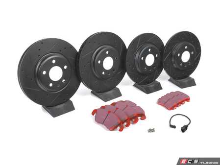 ES#4352960 - 025997ECS0681KT - Performance Front & Rear Brake Service Kit - Featuring ECS V5 Cross Drilled & Slotted rotors and EBC Red Pads - Assembled By ECS - Audi