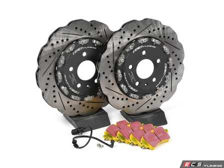 ES#4057327 - 023940EKT - Rear Performance Brake Service Kit - Tru-Float Scalloped - Comprehensive kit includes Tru-Float rotors, pads, sensor, and set screws - Upgrade your brake system with ECS 2-piece Tru-Float scalloped rotors and EBC Yellow Brake Pads! - Assembled By ECS - Audi