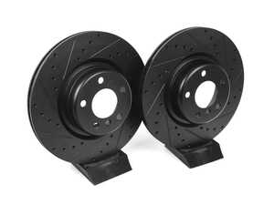 ES#4810605 - 34206797605-XS - Rear V5 Drilled & Slotted Brake Rotors - Set (345x24) - Precision manufactured for consistent stopping power during high performance driving. Featuring a matte black zinc coating for corrosion protection. - ECS - BMW