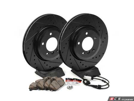 ES#4351879 - 34116774985KT6 - Front Brake Service Kit  - Featuring ECS V5 drilled & slotted rotors and ECS EP24 "Enthusiast Performance" brake pads. - Assembled By ECS - MINI