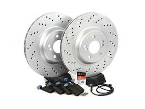 ES#4883304 - 34212284989KT4 - Performance Rear Brake Service Kit - Featuring ECS V5 cross drilled and slotted rotors and ECS EP24 "Enthusiast Performance" brake pads. - Assembled By ECS - BMW