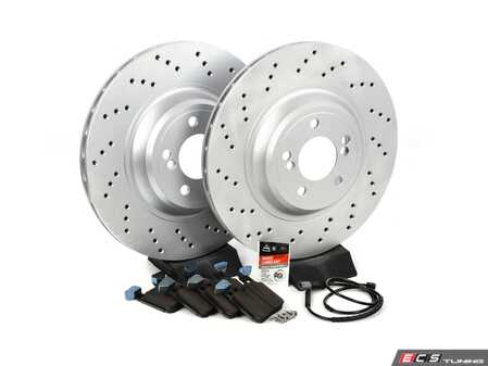 ES#4883304 - 34212284989KT4 - Performance Rear Brake Service Kit - Featuring ECS V5 cross drilled and slotted rotors and ECS EP24 "Enthusiast Performance" brake pads. - Assembled By ECS - BMW