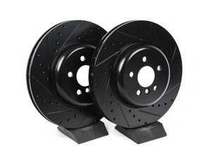 ES#4810619 - 34116860909-XS - Front V5 Drilled & Slotted Brake Rotors - Set (348x30) - Precision manufactured for consistent stopping power during high performance driving. Featuring a matte black zinc coating for corrosion protection. - ECS - BMW