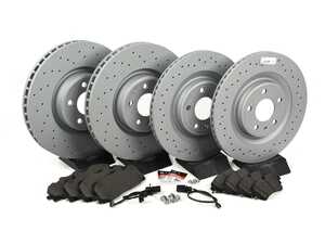 ES#4475287 - 4M0615301AN5KT - Front & Rear Performance Brake Service Kit - Featuring Zimmermann Cross-Drilled rotors and ECS EP24 Performance Brake pads - Includes set screws, brake wear sensors, and silicone brake lubricant - Assembled By ECS - Audi