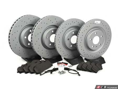 ES#4475287 - 4M0615301AN5KT - Front & Rear Performance Brake Service Kit - Featuring Zimmermann Cross-Drilled rotors and ECS EP24 Performance Brake pads - Includes set screws, brake wear sensors, and silicone brake lubricant - Assembled By ECS - Audi