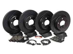 ES#4815565 - 34116864058KT2 - Performance Front & Rear Brake Service Kit - Includes front & rear drilled and slotted brake rotors, ECS EP24 Enthusiast Performance pads, wear sensors, and associated hardware. - Assembled By ECS - BMW