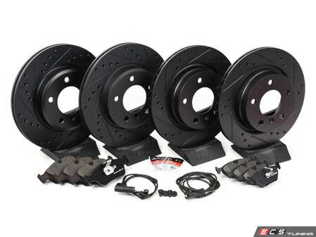 ES#4815565 - 34116864058KT2 - Performance Front & Rear Brake Service Kit - Includes front & rear drilled and slotted brake rotors, ECS EP24 Enthusiast Performance pads, wear sensors, and associated hardware. - Assembled By ECS - BMW