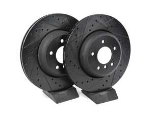 ES#4669026 - 34216763827-XS - Rear V5 Drilled & Slotted Brake Rotors - Set (345x24) - Precision manufactured for consistent stopping power during high performance driving. Featuring a matte black zinc coating for corrosion protection. - ECS - BMW