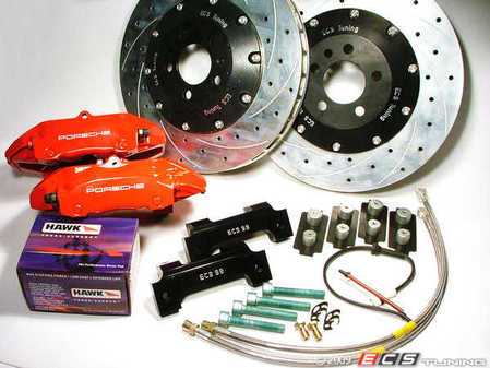 ES#1179 - MK4S2V2BBK-R SLT - Big Brake Kit - Red Calipers - Slotted Rotors (332x26) - (NO LONGER AVAILABLE) - Includes four piston Porsche Boxster caliper, caliper carrier, pads, sensors, floating zinc coated rotors, exact-fit stainless steel lines, and hardware - ECS - 