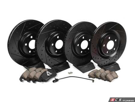 ES#4030883 - 025997ECS0622KT1 - Performance Front & Rear Brake Service Kit - Featuring ECS V5 Drilled/Dimpled & Slotted rotors and ECS DD23 Daily Driver ceramic pads - Assembled By ECS - Audi