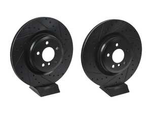 ES#4669013 - 34216775291-XS - Rear V5 Drilled & Slotted Brake Rotors - Set (370x24) - Precision manufactured for consistent stopping power during high performance driving. Featuring a matte black zinc coating for corrosion protection. - ECS - BMW