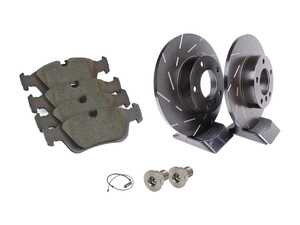 ES#2795777 - 34116757751KT5 - Performance Front Brake Service Kit - Featuring EBC slotted rotors and ECS EP24 "Enthusiast Performance" brake pads. - Assembled By ECS - BMW