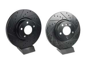 ES#4669207 - 34106879122-XS - Front V5 Drilled & Slotted Brake Rotors - Set (328x28) - Precision manufactured for consistent stopping power during high performance driving. Featuring a matte black zinc coating for corrosion protection. - ECS - BMW