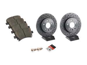 ES#3537622 - 025997ECS0559KT - Performance Rear Brake Service Kit - Featuring ECS V5 Drilled & Slotted rotors and ECS EP24 Enthusiast Performance pads - Assembled By ECS - Audi