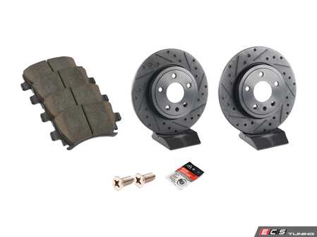 ES#3537622 - 025997ECS0559KT - Performance Rear Brake Service Kit - Featuring ECS V5 Drilled & Slotted rotors and ECS EP24 Enthusiast Performance pads - Assembled By ECS - Audi