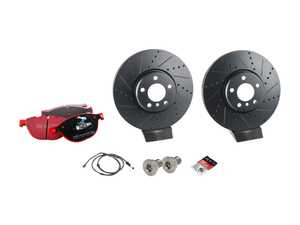 ES#4815614 - 34116898729aKT - Performance Front Brake Service Kit - Includes front drilled and slotted brake rotors, EBC RedStuff pads, wear sensor, and associated hardware. - Assembled By ECS - BMW