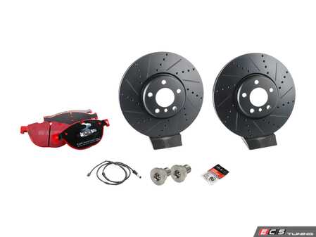 ES#4815614 - 34116898729aKT - Performance Front Brake Service Kit - Includes front drilled and slotted brake rotors, EBC RedStuff pads, wear sensor, and associated hardware. - Assembled By ECS - BMW