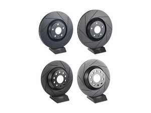 ES#5426232 - 3Q0615601A13KT - V5 Slotted Brake Rotor Kit - (340x30 / 300x12) - Precision manufactured for consistent stopping power during high performance driving. Featuring a matte black zinc coating for corrosion protection. - ECS - Audi Volkswagen