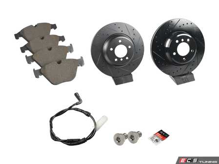 ES#4883293 - 34356789440KT - Performance Front Brake Service Kit - Featuring ECS V5 cross-drilled and slotted brake rotors and ECS EP24 performance brake pads. - Assembled By ECS - BMW