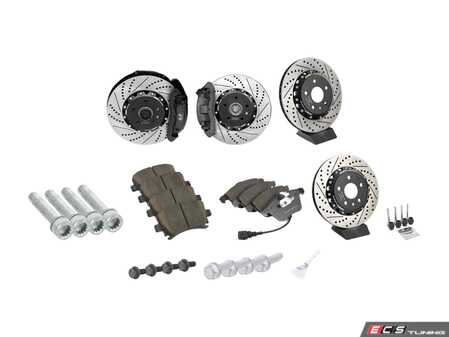ES#2722880 - 000036ECS01AKT1 - Performance Front And Rear Brake Service Kit - Featuring front and rear ECS 2-piece semi-floating cross drilled and slotted rotors, and ECS EP24 Enthusiast Performance brake pads - Assembled By ECS - Volkswagen