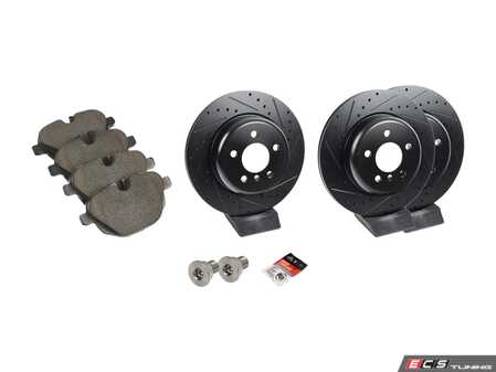 ES#4675717 - 34216898733KT - Performance Rear Brake Service Kit - Drilled and Slotted - Includes ECS Performance Drilled and Slotted rotors and ECS EP24 "Enthusiast Performance" pads. - Assembled By ECS - BMW