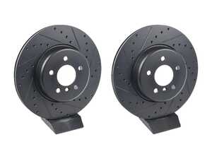 ES#4669081 - 34206894381-XS - Rear V5 Drilled & Slotted Brake Rotors - Set (345x24) - Precision manufactured for consistent stopping power during high performance driving. Featuring a matte black zinc coating for corrosion protection. - ECS - BMW