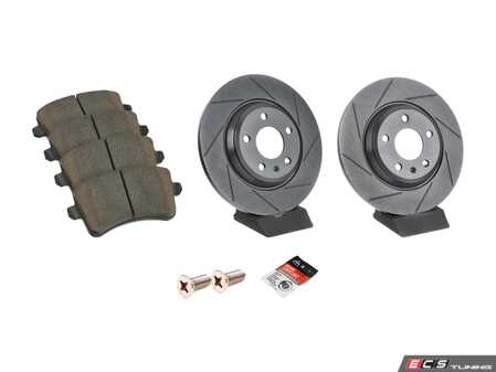 ES#3538293 - 025997ECS0634KT - Performance Rear Brake Service Kit - Featuring ECS V5 Slotted rotors and ECS EP24 Enthusiast Performance pads - Assembled By ECS - Audi