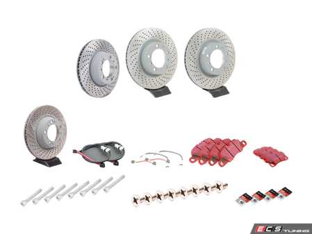 ES#2598576 - 99735140101PEKT - Performance Front & Rear Brake Service Kit - Featuring genuine Porsche front rotors, Sebro rear rotors, and EBC RedStuff brake pads - Assembled By ECS - Porsche