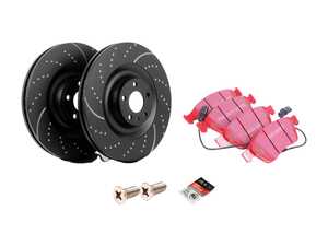 ES#4460641 - GD1607KT - Performance Front Brake Service Kit - Featuring EBC front dimpled & slotted rotors and EBC RedStuff Pads - Assembled By ECS - Audi