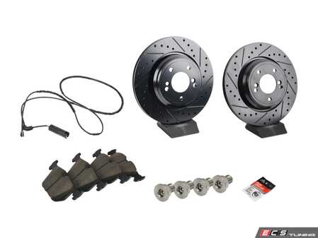 ES#4883272 - 34212229379rrskt - Performance Rear Brake Service Kit - Featuring ECS V5 drilled & slotted brake rotors and ECS EP24 "Enthusiast Performance" brake pads. - Assembled By ECS - BMW