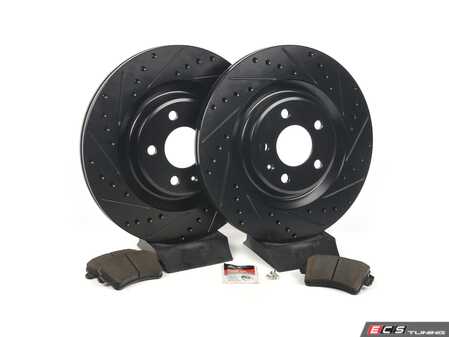 ES#3538300 - 025997ECS0638KT - Performance Rear Brake Service Kit - Featuring ECS V5 Drilled & Slotted rotors and ECS EP24 Enthusiast Performance pads - Assembled By ECS - Audi