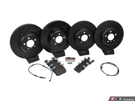 ES#4745197 - 34106797606SKT - Front And Rear Performance Brake Service Kit - Upgrade Your F30's Braking Capabilities with ECS V5 Cross-Drilled & Slotted Rotors and ECS EP24 Enthusiast Performance pads - Assembled By ECS - BMW