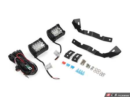ES#5376014 - 057403la02KT - E70 Ditch Light Brackets & LED Lighting Package - Position auxiliary lights cleanly for secure, vibration-free illumination ahead and to the side of the vehicle. Shares existing factory hood hinge mounting location. Includes 4" LED pod lights & wiring! - ECS - BMW