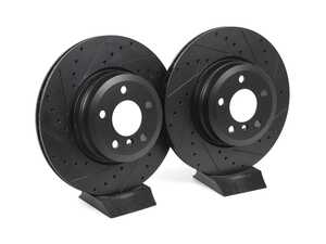 ES#4668643 - 34216886480-XS - Rear V5 Drilled & Slotted Brake Rotors - Set (345x24) - Precision manufactured for consistent stopping power during high performance driving. Featuring a matte black zinc coating for corrosion protection. - ECS - BMW