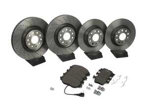 ES#4839744 - MQBTBS7KT - Front And Rear Brake Kit (340x30/300x12) - Featuring Cross Drilled Front Rotors and Low-Met OE Equivalent Pads - Brembo - Volkswagen