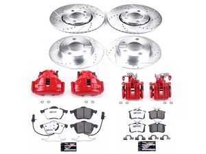 ES#4799773 - KC532-26 - Power Stop Z26 Street Warrior Front & Rear Brake Kit w/ Calipers (288mm/245mm) - A complete performance brake upgrade with drilled & slotted rotors, carbon-fiber ceramic pads, and red powder-coated calipers. - Power Stop - Audi