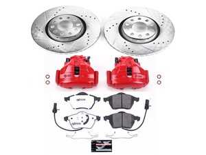 ES#4800144 - KC636-26 - Power Stop Z26 Street Warrior Front Brake Kit w/ Calipers (312mm) - A complete performance front brake upgrade with drilled & slotted rotors, carbon-fiber ceramic pads, and red powder-coated calipers. - Power Stop - Audi