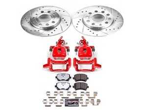 ES#4799637 - KC4627A-26 - Power Stop Z26 Street Warrior Rear Brake Kit w/ Calipers (260mm) - A complete performance rear brake upgrade with drilled & slotted rotors, carbon-fiber ceramic pads, and red powder-coated calipers. - Power Stop - Volkswagen