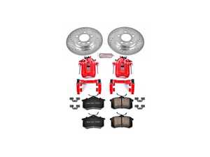 ES#4799415 - KC3093 - Power Stop Z23 Evolution Sport Rear Brake Kit with Calipers (239mm) - A direct-fit upgrade with drilled & slotted zinc-plated rotors, red powder-coated calipers, and low-dust carbon-fiber ceramic pads. - Power Stop - Audi