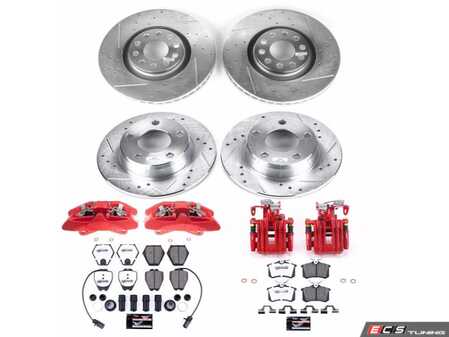ES#4800563 - KC889-26 - Power Stop Z26 Street Warrior Front & Rear Brake Kit with Calipers (320mm/255mm) - A direct-fit performance upgrade with drilled & slotted zinc-plated rotors, red powder-coated calipers, and extreme-performance carbon-fiber ceramic pads. - Power Stop - Audi
