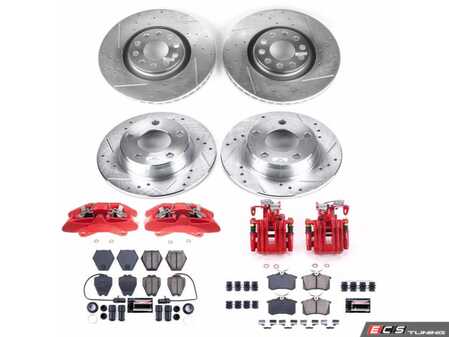 ES#4800562 - KC889 - Power Stop Z23 Evolution Sport Front & Rear Brake Kit with Calipers (320mm/255mm) - A direct-fit upgrade with drilled & slotted zinc-plated rotors, red powder-coated calipers, and low-dust carbon-fiber ceramic pads. - Power Stop - Audi