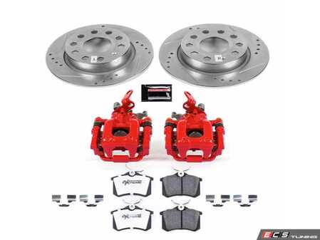 ES#4799899 - KC5671A-26 - Power Stop Z26 Street Warrior Rear Brake Kit with Calipers (255mm) - A direct-fit performance upgrade with drilled & slotted zinc-plated rotors, red powder-coated calipers, and extreme-performance carbon-fiber ceramic pads. - Power Stop - Audi Volkswagen