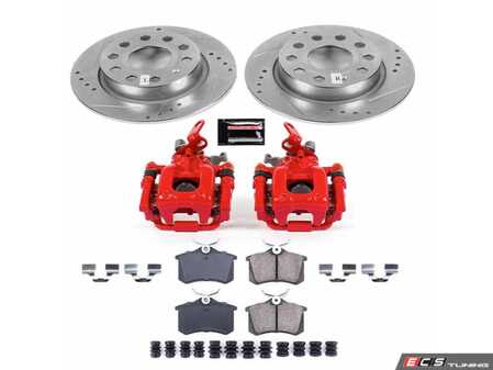 ES#4799898 - KC5671A - Power Stop Z23 Evolution Sport Rear Brake Kit with Calipers (255mm) - A direct-fit upgrade with drilled & slotted zinc-plated rotors, red powder-coated calipers, and low-dust carbon-fiber ceramic pads. - Power Stop - Audi Volkswagen