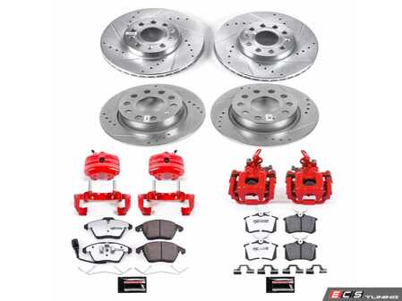 ES#4799919 - KC5749A-26 - Power Stop Z26 Street Warrior Front & Rear Brake Kit with Calipers (288mm/255mm) - A direct-fit performance upgrade with drilled & slotted zinc-plated rotors, red powder-coated calipers, and extreme-performance carbon-fiber ceramic pads. - Power Stop - Volkswagen