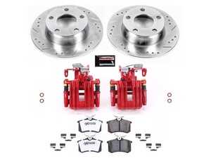 ES#4799696 - KC4845-26 - Z26 Street Warrior Brake Upgrade Kit with Red Powder Coated Calipers - Rear - 255mm drilled and slotted zinc-plated solid rotors, Z26 Carbon-Fiber Ceramic low-dust brake pads, red powder-coated remanufactured rear calipers with brackets and mechanical parking brake assemblies, and premium stainless steel installation hardware. - Power Stop - Audi