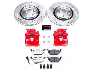 ES#4800514 - KC839-26 - Power Stop Z26 Street Warrior Front Brake Kit with Calipers (280mm) - A high-performance front axle upgrade package featuring drilled & slotted rotors, extreme-temperature carbon-fiber ceramic pads, and remanufactured red powder-coated brake calipers. - Power Stop - Volkswagen