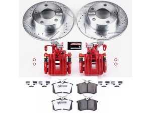 ES#4800529 - KC849-26 - Z26 Street Warrior Brake Upgrade Kit with Red Powder Coated Calipers - Rear - 245mm drilled and slotted zinc-plated solid rotors, Z26 Carbon-Fiber Ceramic low-dust brake pads, red powder-coated remanufactured rear calipers with brackets and parking brake assemblies, and premium stainless steel installation hardware. - Power Stop - Audi